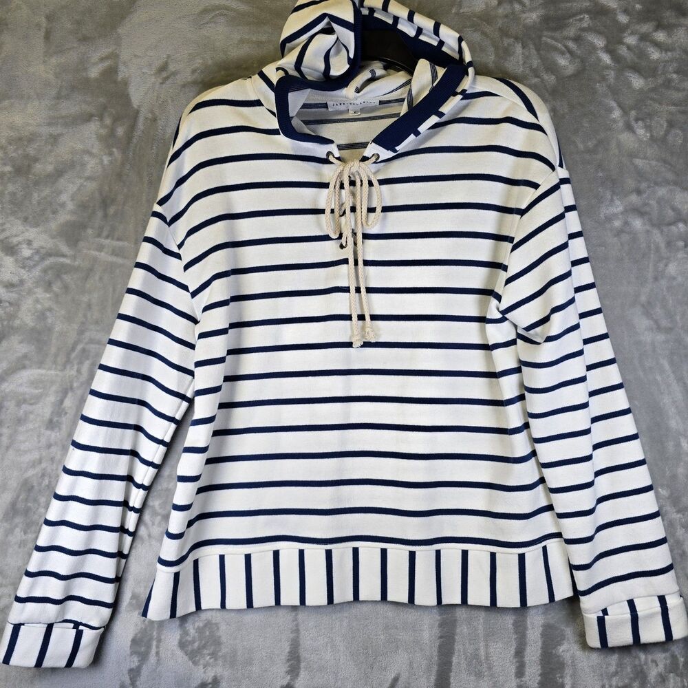 Jane and Delancey Hoodie Womens Medium Navy White Nautical Stripe Fisherman